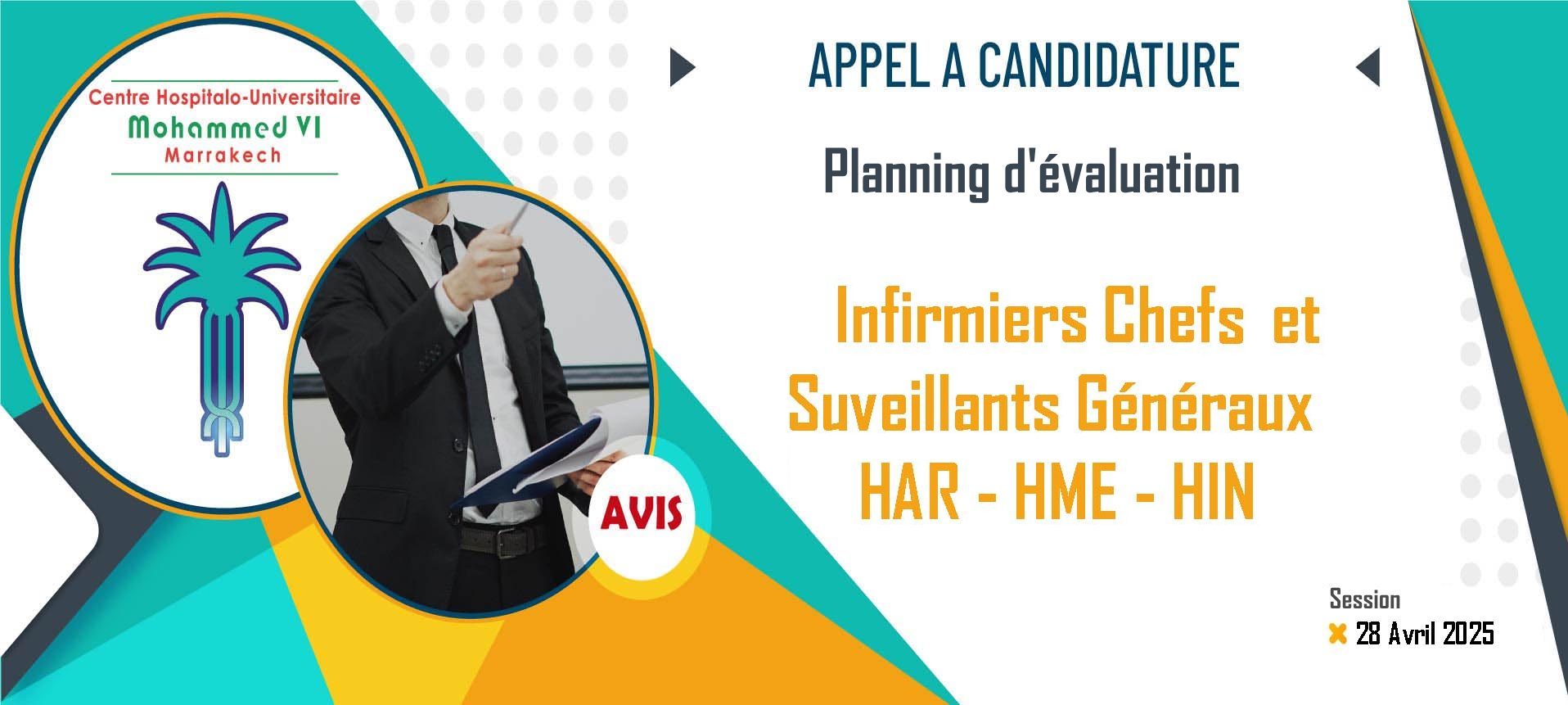 Planning d'évaluation des candidats postulants pour les postes des infirmiers chefs et surveillants généraux - HAR - HME - HIN